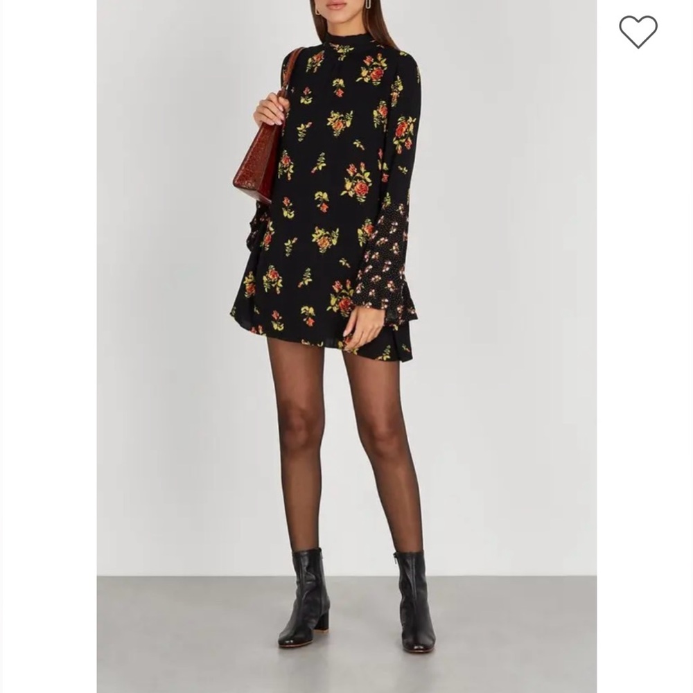 FREE PEOPLE Women’s Tate Black Floral Tie Neck Mini Shift Dress Tunic XS - Picture 3 of 11